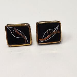 Hand Painted Ceramic Black Gold Tone Cufflinks Vintage 1960s MCM Leaf Motif